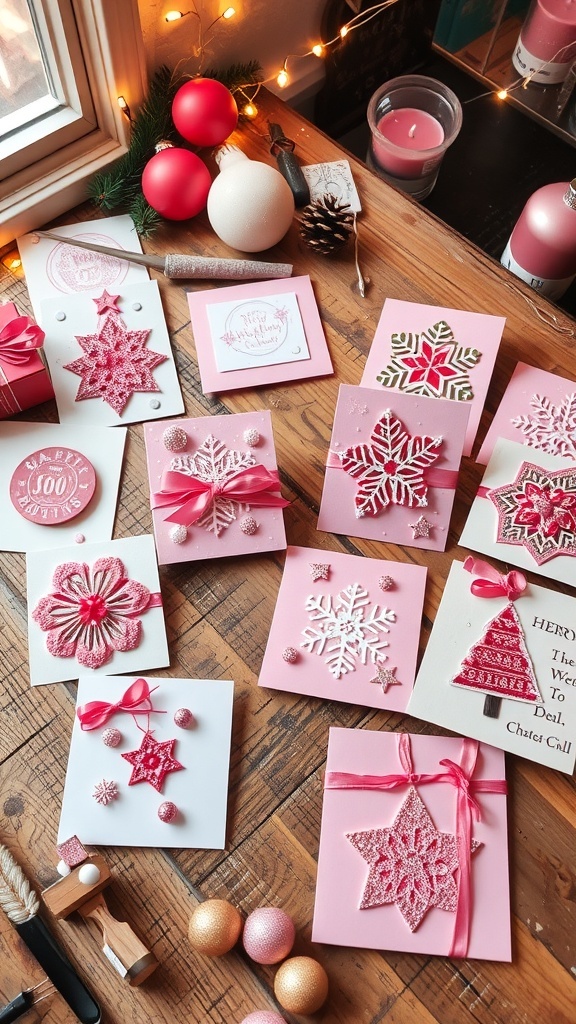 Handmade pink Christmas cards with decorative elements on a wooden table.